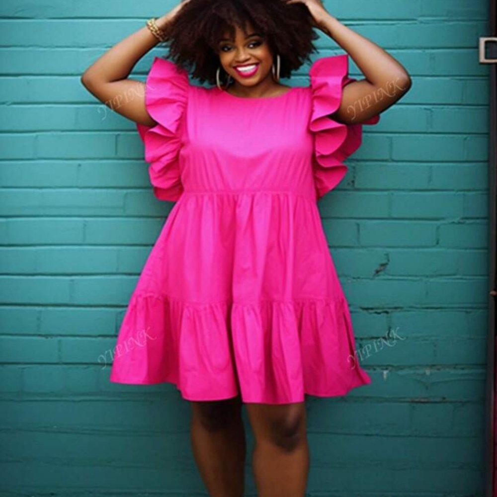 Plus Size Vacation Hot Pink Round Neck Flutter Short Sleeve Ruffle Mini Dress